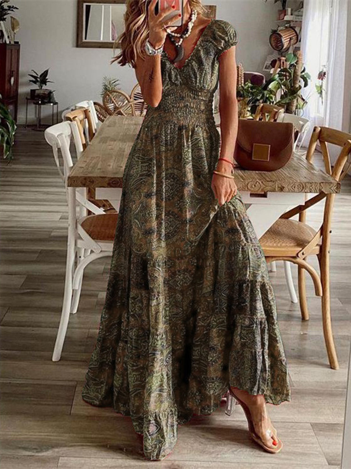 Full Size Smocked Printed V-Neck Short Sleeve Dress Full Size Smocked Printed V-Neck Short Sleeve Dress